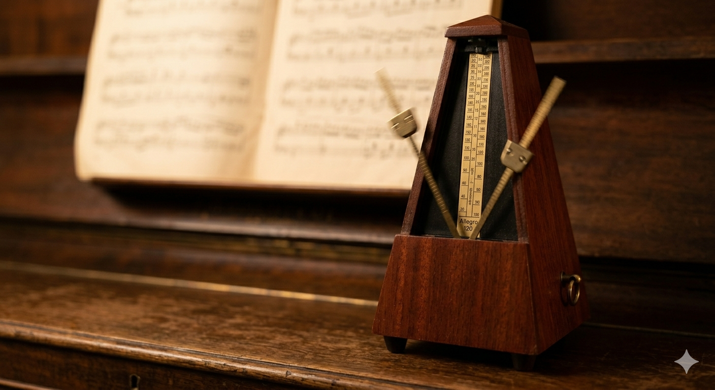 A historical visualization showing the transition of musical speed instruction: on the left, an old parchment with the vague Italian term 'Allegro'; on the right, Johann Maelzel's 1815 patent application for the mechanical metronome, with a specific, measurable marking of '120 BPM'.